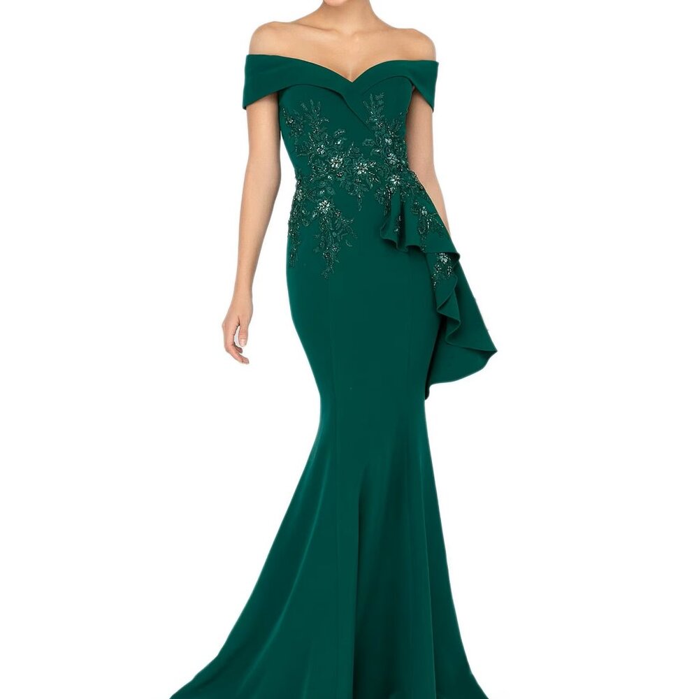 Terani Couture - Emerald Green Off Shoulder Side Drape Peplum Mermaid Gown